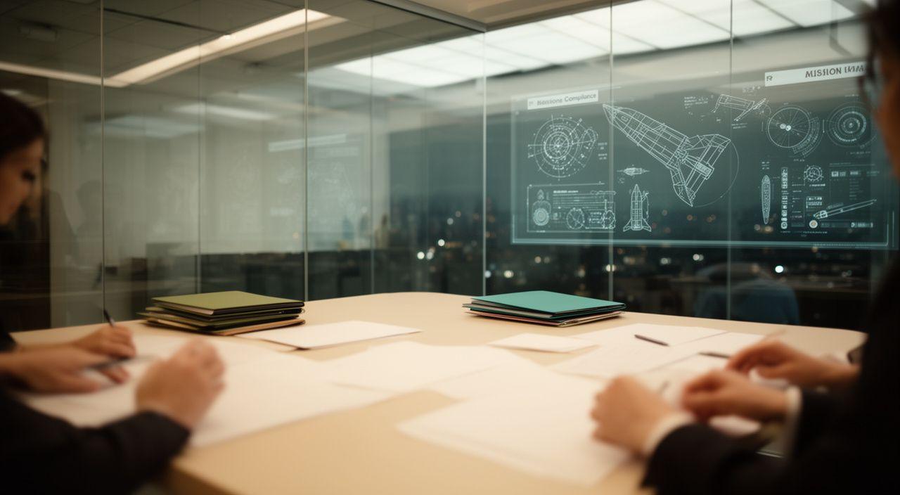 Legal team in a glass conference room reviewing aerospace compliance notes beside mission diagrams